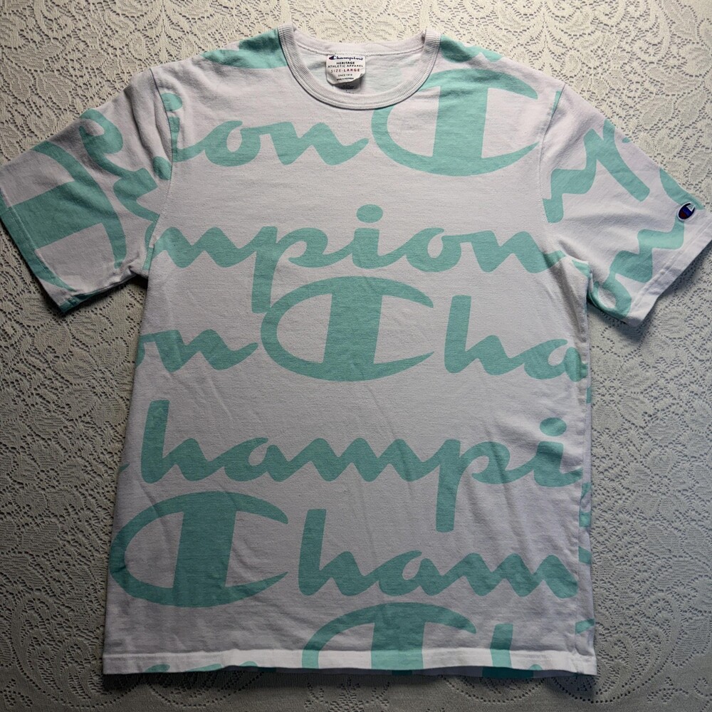Champion Shirt Mens Large White Allover Script Logo Graphic Crewneck Tee